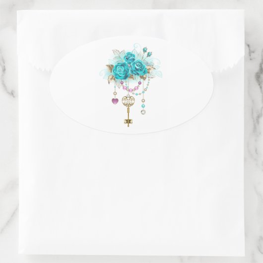 Turquoise-Rozen met Keys Ovale Sticker (Tas)