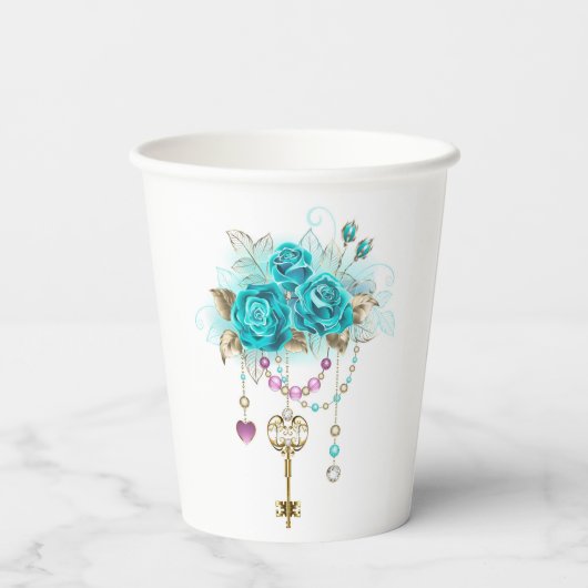 Turquoise-Rozen met Keys Papieren Bekers (Achterkant)