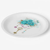 Turquoise-Rozen met Keys Papieren Bordje (Gekanteld)