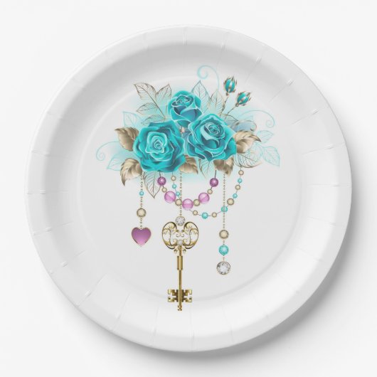 Turquoise-Rozen met Keys Papieren Bordje (Voorkant)