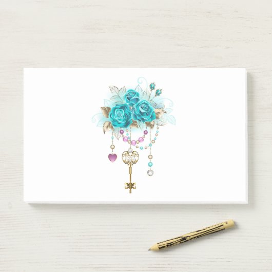 Turquoise-Rozen met Keys Post-it® Notes (Op bureau)