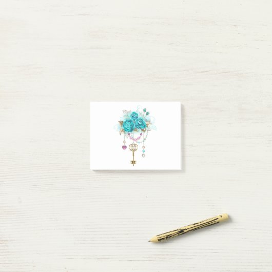 Turquoise-Rozen met Keys Post-it® Notes (Op bureau)
