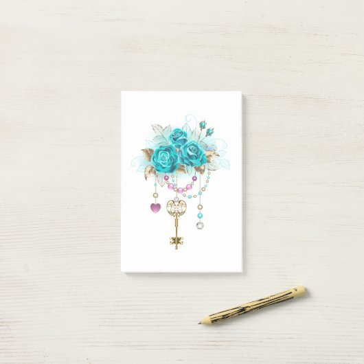 Turquoise-Rozen met Keys Post-it® Notes (Op bureau)