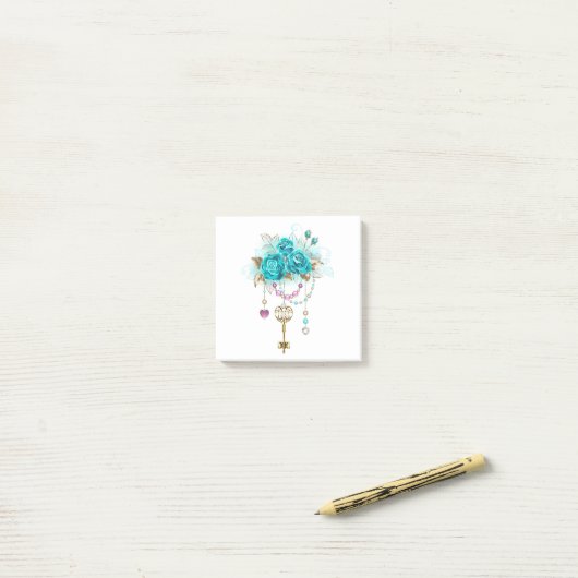 Turquoise-Rozen met Keys Post-it® Notes (Op bureau)