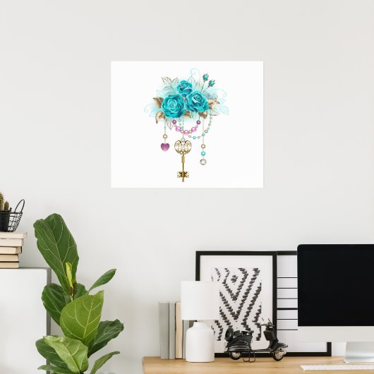 Turquoise-Rozen met Keys Poster (Thuiskantoor)