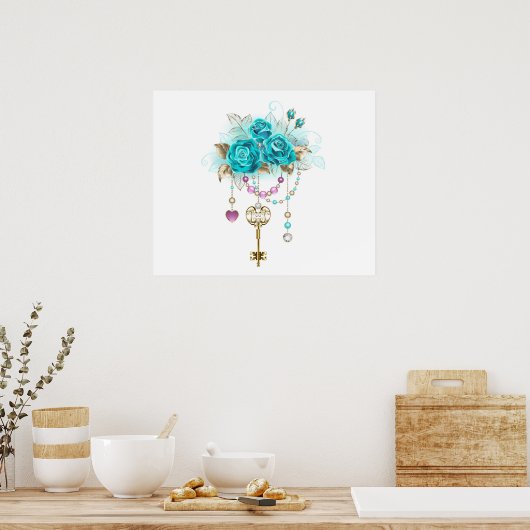 Turquoise-Rozen met Keys Poster (Keuken)
