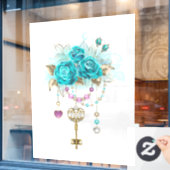 Turquoise-Rozen met Keys Raamsticker (Cafe Raam)