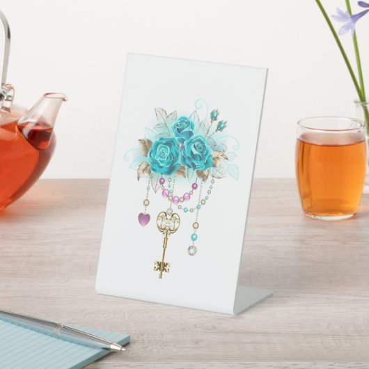 Turquoise-Rozen met Keys Reclamebord Met Voetstuk (Insitu)