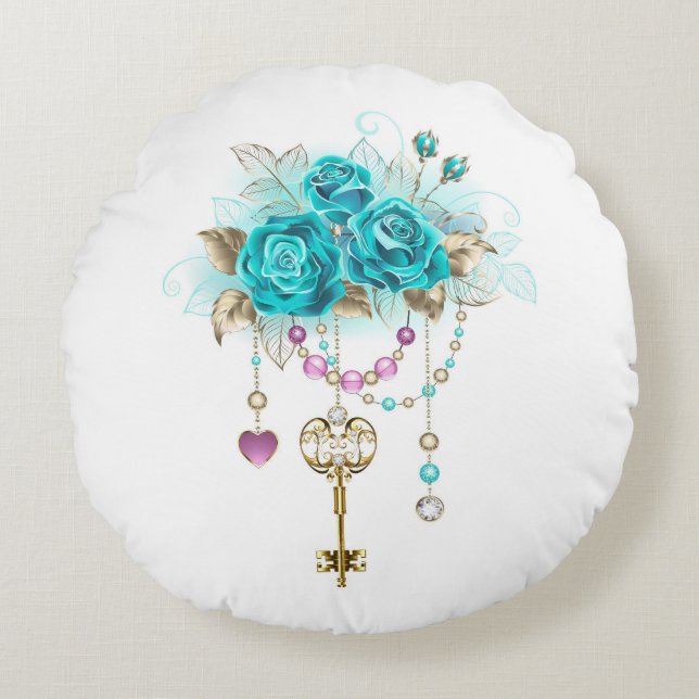 Turquoise-Rozen met Keys Rond Kussen (Voorkant)