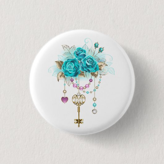Turquoise-Rozen met Keys Ronde Button 3,2 Cm (Voorkant)