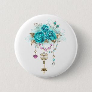 Turquoise-Rozen met Keys Ronde Button 5,7 Cm