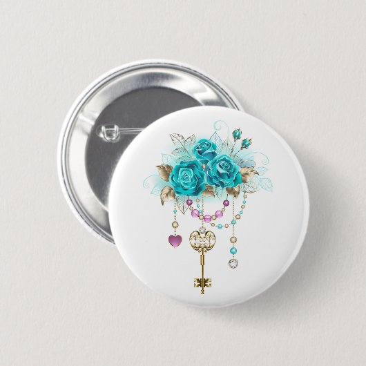 Turquoise-Rozen met Keys Ronde Button 5,7 Cm (Voorkant /achterkant)