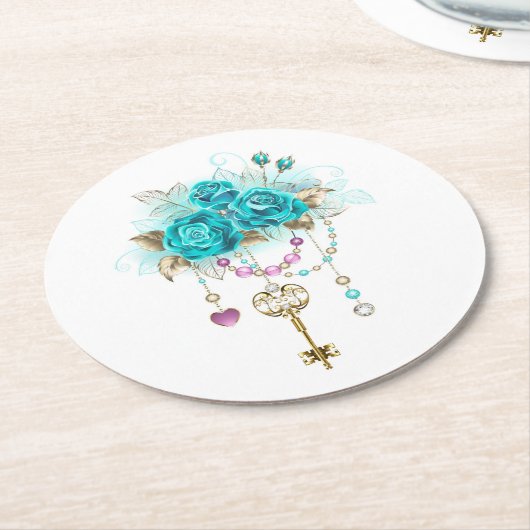 Turquoise-Rozen met Keys Ronde Kartonnen Onderzetter (Gebogen)