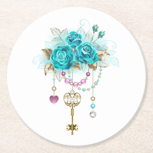 Turquoise-Rozen met Keys Ronde Kartonnen Onderzetter (Voorkant)