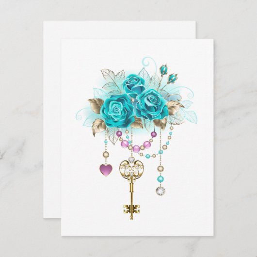 Turquoise-Rozen met Keys RSVP Kaartje (Voorkant / Achterkant)