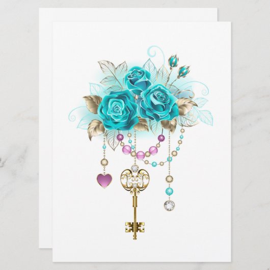 Turquoise-Rozen met Keys Save The Date (Voorkant / Achterkant)
