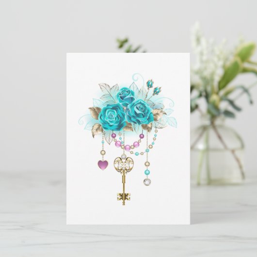 Turquoise-Rozen met Keys Save The Date (Staand voorkant)