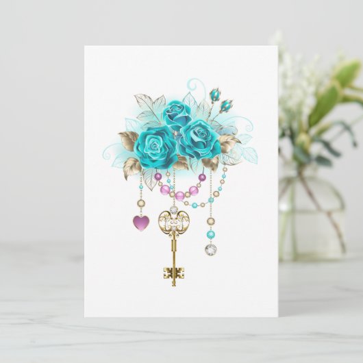 Turquoise-Rozen met Keys Save The Date (Staand voorkant)