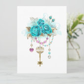 Turquoise-Rozen met Keys Save The Date (Staand voorkant)