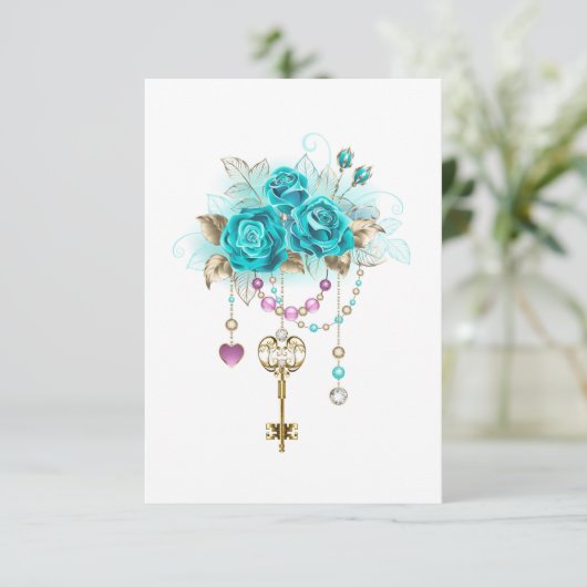 Turquoise-Rozen met Keys Save The Date (Staand voorkant)