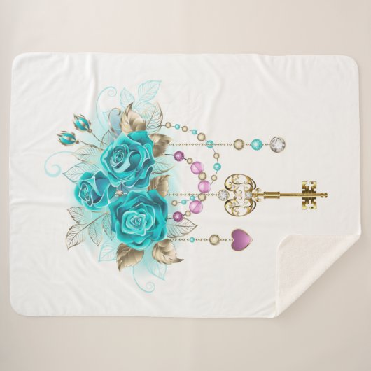 Turquoise-Rozen met Keys Sherpa Deken (Voorkant (horizontaal))