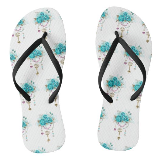 Turquoise-Rozen met Keys Teenslippers (Voetbed)