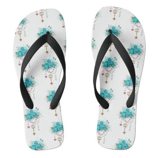Turquoise-Rozen met Keys Teenslippers (Voetbed)