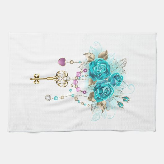 Turquoise-Rozen met Keys Theedoek (Horizontaal)