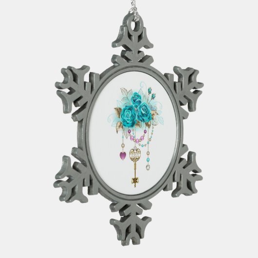 Turquoise-Rozen met Keys Tin Sneeuwvlok Ornament (Links)