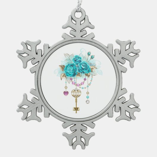 Turquoise-Rozen met Keys Tin Sneeuwvlok Ornament (Voorkant)