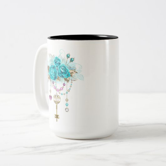 Turquoise-Rozen met Keys Tweekleurige Koffiemok (Voorkant links)