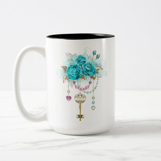 Turquoise-Rozen met Keys Tweekleurige Koffiemok (Links)