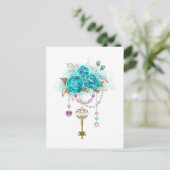 Turquoise-Rozen met Keys Uitnodiging Briefkaart (Staand voorkant)