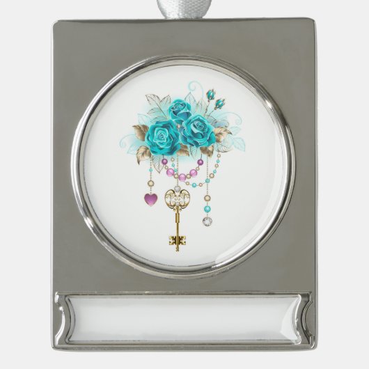 Turquoise-Rozen met Keys Verzilverd Banner Ornament (Voorkant)
