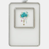 Turquoise-Rozen met Keys Verzilverd Omlijst Ornament (Voorkant)