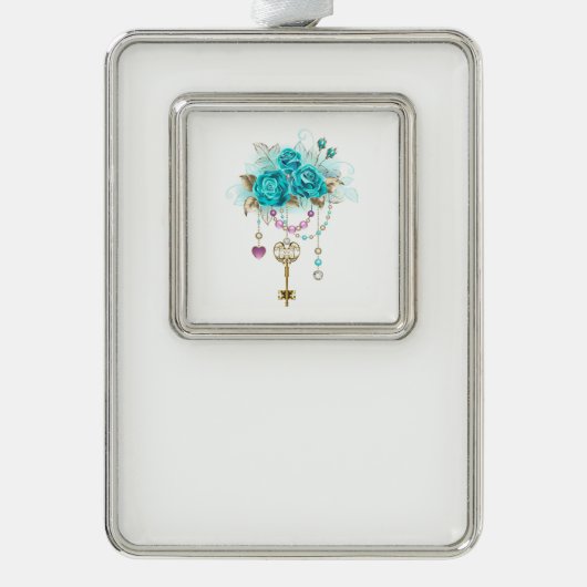 Turquoise-Rozen met Keys Verzilverd Omlijst Ornament (Voorkant)