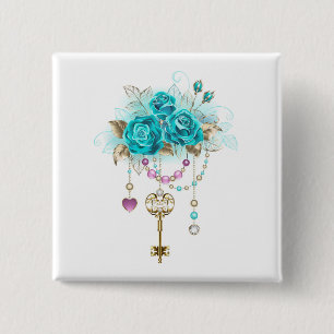 Turquoise-Rozen met Keys Vierkante Button 5,1 Cm
