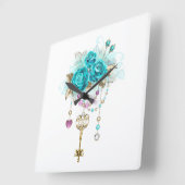 Turquoise-Rozen met Keys Vierkante Klok (Hoek)