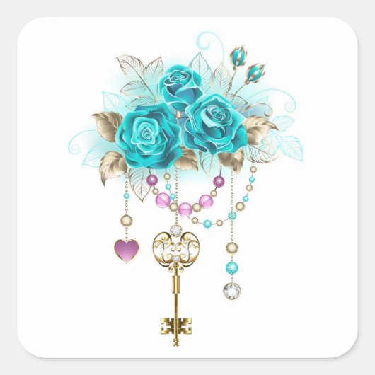 Turquoise-Rozen met Keys Vierkante Sticker (Voorkant)