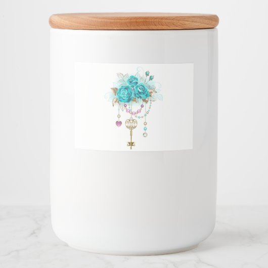 Turquoise-Rozen met Keys Voedselcontainer Etiket (Voorkant)