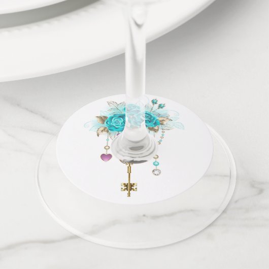 Turquoise-Rozen met Keys Wijnglaslabel (Dichtbij)
