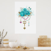 Turquoise Rozen met Sleutels Poster (Keuken)