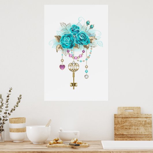 Turquoise Rozen met Sleutels Poster (Keuken)