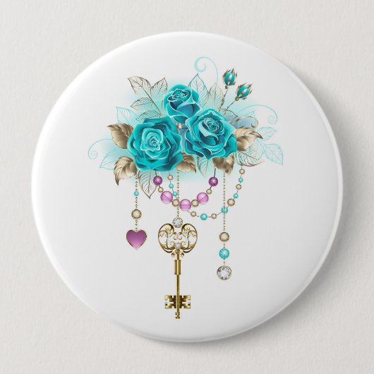 Turquoise Rozen met Sleutels Ronde Button 4,0 Cm (Voorkant)
