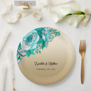 Turquoise Rozen op gouden bruiloft Papieren Bordje