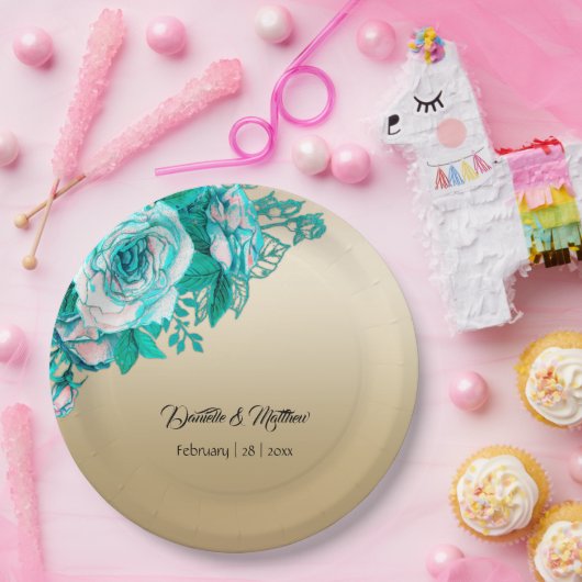 Turquoise Rozen op gouden bruiloft Papieren Bordje (Feest)