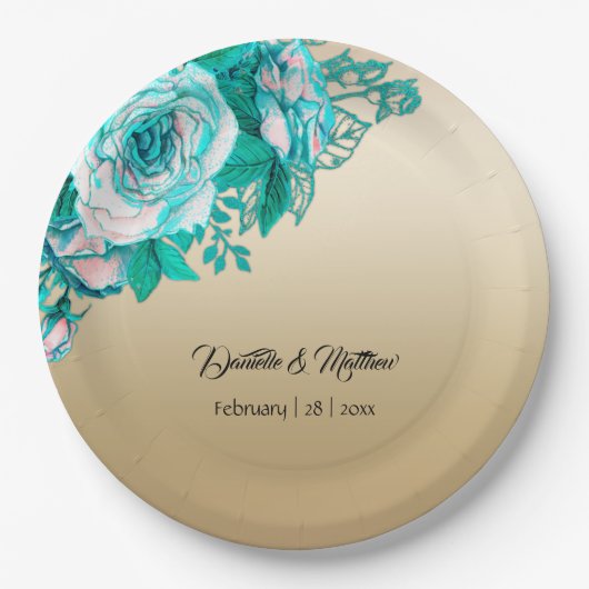 Turquoise Rozen op gouden bruiloft Papieren Bordje (Voorkant)