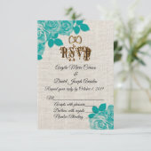 Turquoise rozen op linnen bruiloft RSVP Kaart (Staand voorkant)
