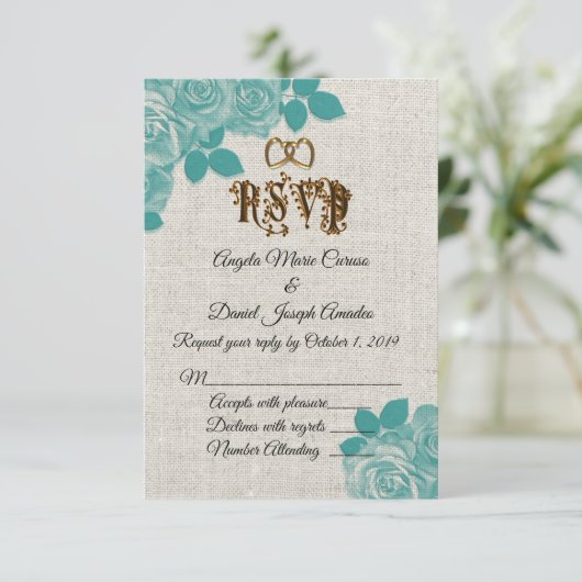 Turquoise rozen op linnen bruiloft RSVP Kaart (Staand voorkant)