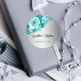 Turquoise Rozen op Silver Wedding Ronde Sticker